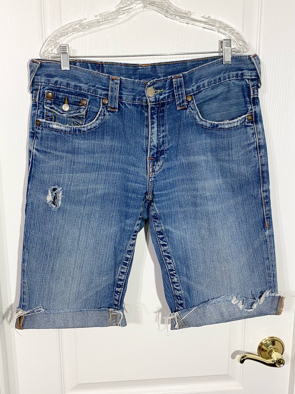 Y2K VTG True Religion USA MADE Joey Distressed Cut Off Cuffed Jean Shorts Sz 34